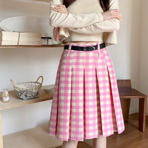 Plus Size Pink Plaid High-Waisted Pleated Midi Skirt for Women - Summer College Style A-Line Patterned Skirt