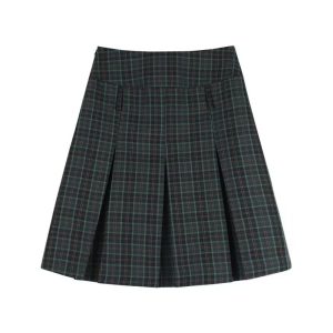 Plus-Size Plaid A-Line Pleated Skirt for Women - Mid-Length Checkered Spring/Summer College Style Skirt