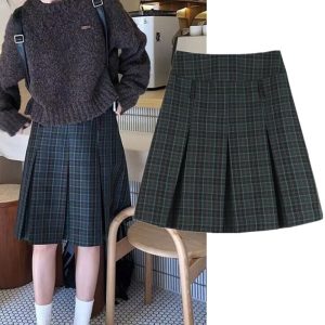 Plus-Size Plaid A-Line Pleated Skirt for Women - Mid-Length Checkered Spring/Summer College Style Skirt