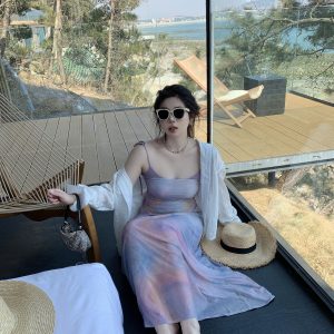 Plus Size Pleated Camisole Dress with Flowing Straps - Mesh Elastic Waist for Summer Beach Vacation, Island Style, Relaxed Fit