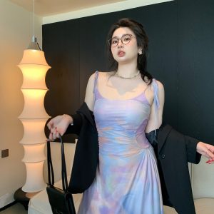 Plus Size Pleated Camisole Dress with Flowing Straps - Mesh Elastic Waist for Summer Beach Vacation, Island Style, Relaxed Fit