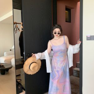 Plus Size Pleated Camisole Dress with Flowing Straps - Mesh Elastic Waist for Summer Beach Vacation, Island Style, Relaxed Fit