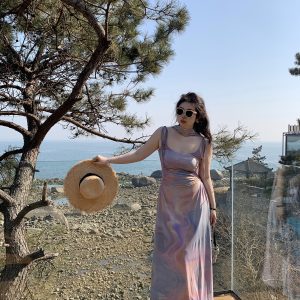 Plus Size Pleated Camisole Dress with Flowing Straps - Mesh Elastic Waist for Summer Beach Vacation, Island Style, Relaxed Fit