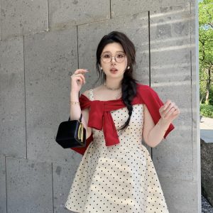 Plus-Size Polka Dot Dress with Spaghetti Straps, Snow-Topped Black Chocolate Design, Waist-Cinching, French Elegance, High-End Style