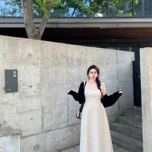 Plus-Size Polka Dot Dress with Spaghetti Straps, Snow-Topped Black Chocolate Design, Waist-Cinching, French Elegance, High-End Style