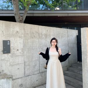 Plus-Size Polka Dot Dress with Spaghetti Straps, Snow-Topped Black Chocolate Design, Waist-Cinching, French Elegance, High-End Style