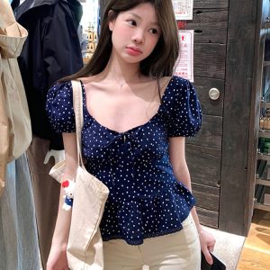 Plus Size Polka Dot U-Neck Bubble Short Sleeve Shirt for Women - Summer Sweet Spicy Tummy-Covering Top, Trendy and Unique Design