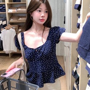 Plus Size Polka Dot U-Neck Bubble Short Sleeve Shirt for Women - Summer Sweet Spicy Tummy-Covering Top, Trendy and Unique Design