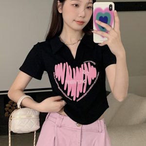 Plus Size Printed Polo Collar Short Sleeve T-Shirt for Women - Summer Slim Fit Top, Flattering Design, Belly Coverage, Sweet and Spicy Style