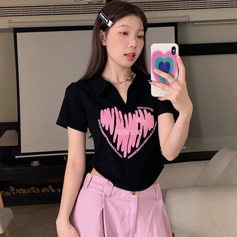 Plus Size Printed Polo Collar Short Sleeve T-Shirt for Women - Summer Slim Fit Top, Flattering Design, Belly Coverage, Sweet and Spicy Style