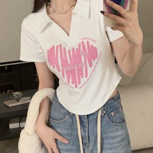 Plus Size Printed Polo Collar Short Sleeve T-Shirt for Women - Summer Slim Fit Top, Flattering Design, Belly Coverage, Sweet and Spicy Style