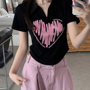 Plus Size Printed Polo Collar Short Sleeve T-Shirt for Women - Summer Slim Fit Top, Flattering Design, Belly Coverage, Sweet and Spicy Style