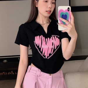 Plus Size Printed Polo Collar Short Sleeve T-Shirt for Women - Summer Slim Fit Top, Flattering Design, Belly Coverage, Sweet and Spicy Style