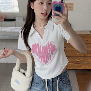 Plus Size Printed Polo Collar Short Sleeve T-Shirt for Women - Summer Slim Fit Top, Flattering Design, Belly Coverage, Sweet and Spicy Style