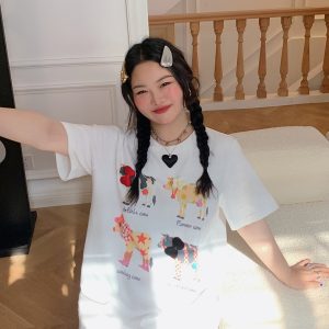 Plus Size Printed Short Sleeve T-Shirt for Women - Loose Round Neck Summer Top, Trendy Gold Design, 2025 Fashion Essential