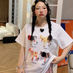 Plus Size Printed Short Sleeve T-Shirt for Women - Loose Round Neck Summer Top, Trendy Gold Design, 2025 Fashion Essential
