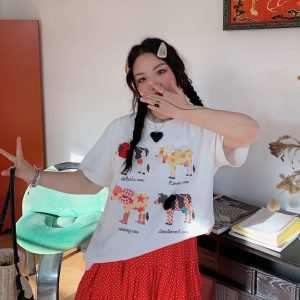 Plus Size Printed Short Sleeve T-Shirt for Women - Loose Round Neck Summer Top, Trendy Gold Design, 2025 Fashion Essential