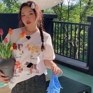 Plus Size Printed Short Sleeve T-Shirt for Women - Loose Round Neck Summer Top, Trendy Gold Design, 2025 Fashion Essential