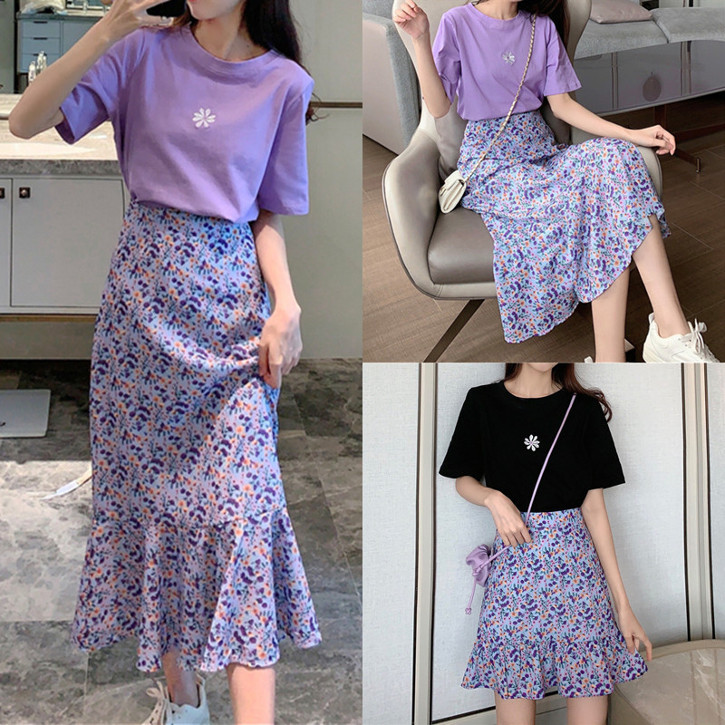Plus Size Purple Floral Chiffon A-Line Skirt for Women, Summer Fashion, Flattering Fish Tail Mid-Length Style