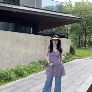Plus Size Purple Floral Dress with V-Neck Tie, Sleeveless A-Line Tank Top, Slightly Chubby Taro Mud Milk Design