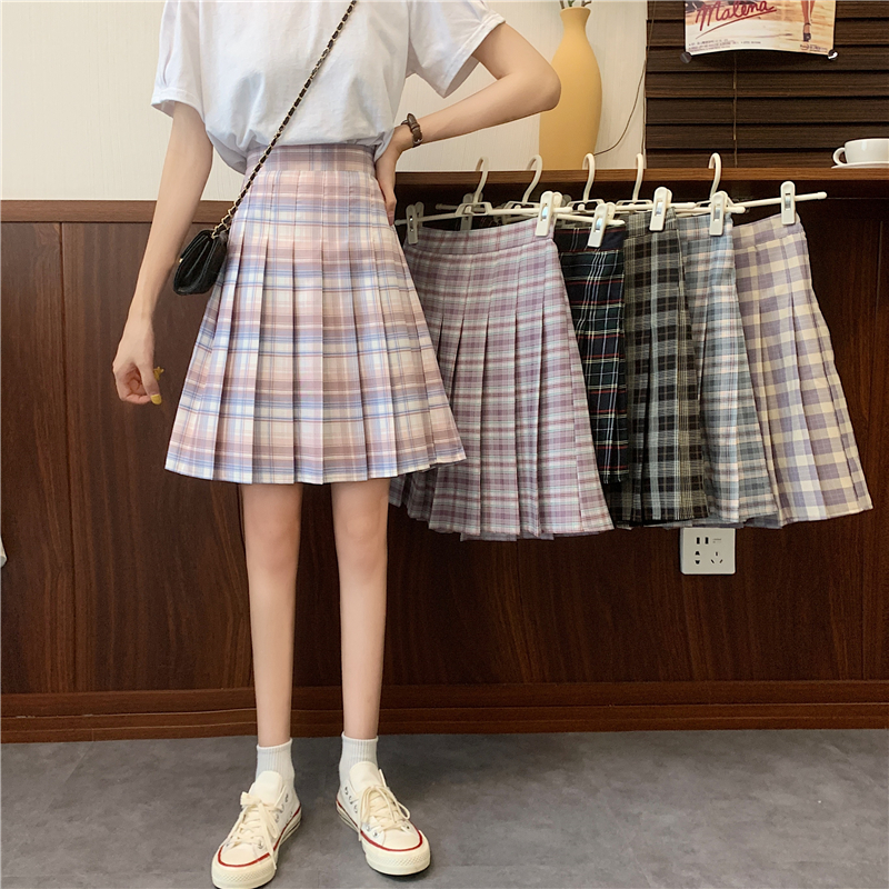 Plus Size Purple Plaid Pleated Midi Skirt for Women - High-Waisted A-Line College Style