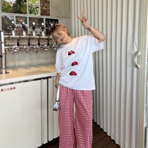 Plus Size Red Plaid Loose Long Pants – Versatile Casual Summer Trousers for Y2K and 90s Inspired Style