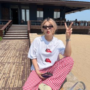 Plus Size Red Plaid Loose Long Pants – Versatile Casual Summer Trousers for Y2K and 90s Inspired Style