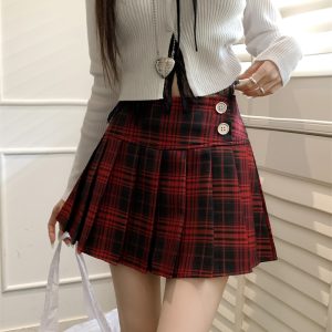 Plus Size Red Plaid Pleated Skirt - Spring Summer A-Line High Waist JK Style Short Skirt for Women