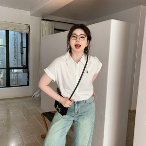 Plus Size Relaxed Old Money Style Short Sleeve Shirt with Flutter Sleeves for High-Ranking Female Protagonists