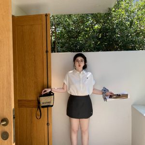 Plus Size Relaxed Old Money Style Short Sleeve Shirt with Flutter Sleeves for High-Ranking Female Protagonists