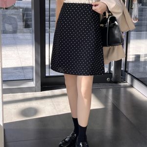 Plus Size Retro Black Polka Dot Half Skirt for Women, Summer A-Line Umbrella Skirt, Petite Bodycon Midi Style
