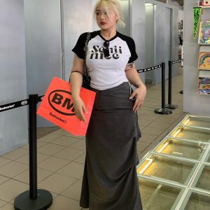 Plus Size Retro Color Block Letter Print Drawstring T-Shirt Top for Women - Slimming Shoulder Design, Casual Y2K Style