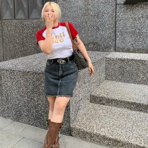 Plus Size Retro Color Block Letter Print Drawstring T-Shirt Top for Women - Slimming Shoulder Design, Casual Y2K Style