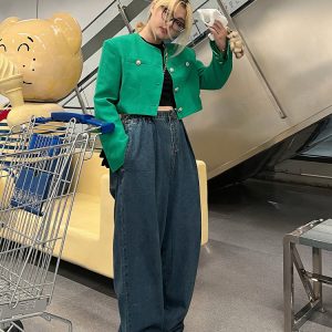 Plus Size Retro High-Waisted Button Straight-Leg Wide-Leg Pants - Casual Slimming Women's Jeans for Y2K and Vintage Style