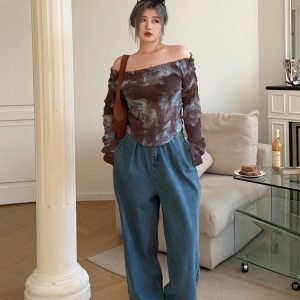 Plus Size Retro High-Waisted Button Straight-Leg Wide-Leg Pants - Casual Slimming Women's Jeans for Y2K and Vintage Style