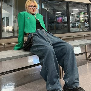 Plus Size Retro High-Waisted Button Straight-Leg Wide-Leg Pants - Casual Slimming Women's Jeans for Y2K and Vintage Style