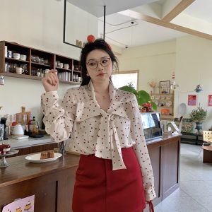 Plus Size Retro Red Polka Dot Shirt with Bow Tie - Hong Kong Style Holiday Top for Chubby Girls, Vintage 90s Fashion