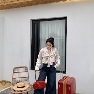 Plus Size Retro Red Polka Dot Shirt with Bow Tie - Hong Kong Style Holiday Top for Chubby Girls, Vintage 90s Fashion