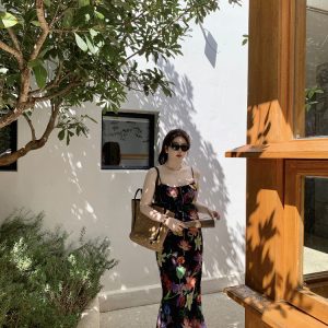 Plus Size Retro Tropical Floral Print Sling Dress - Slightly Chubby Summer Style for a Chic City Look