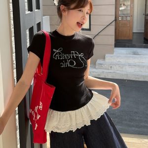 Plus Size Rhinestone Butterfly Knot Lace Short Sleeve T-Shirt for Women - Flattering Slim Fit Summer Top