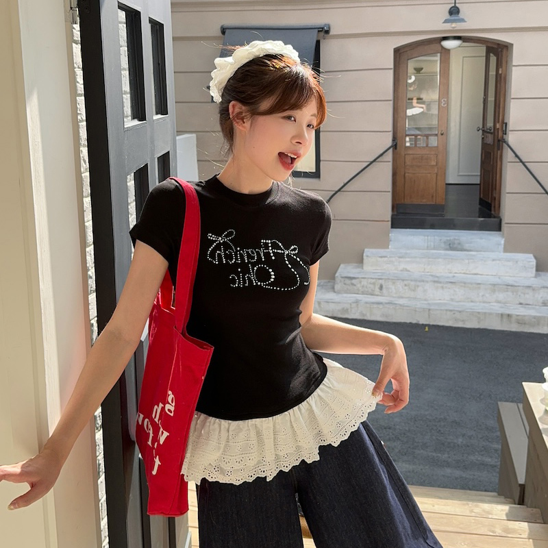 Plus Size Rhinestone Butterfly Knot Lace Short Sleeve T-Shirt for Women - Flattering Slim Fit Summer Top