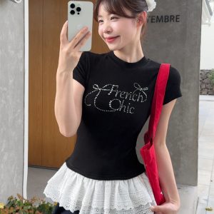 Plus Size Rhinestone Butterfly Knot Lace Short Sleeve T-Shirt for Women - Flattering Slim Fit Summer Top