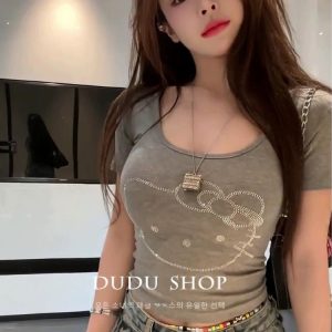 Plus Size Rhinestone U-Neck Short Sleeve Crop Top T-Shirt for Women, Summer Sexy Slim Fit Design for Curvy Figures