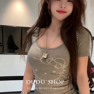 Plus Size Rhinestone U-Neck Short Sleeve Crop Top T-Shirt for Women, Summer Sexy Slim Fit Design for Curvy Figures