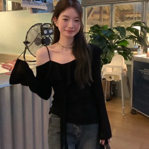 Plus Size Ruffled Off-Shoulder Long Sleeve T-Shirt for Women - Autumn Spicy Girl Design, Unique Camisole Base Top