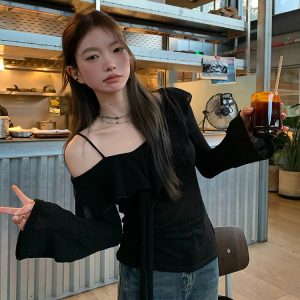 Plus Size Ruffled Off-Shoulder Long Sleeve T-Shirt for Women - Autumn Spicy Girl Design, Unique Camisole Base Top
