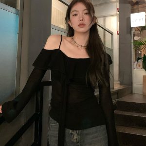 Plus Size Ruffled Off-Shoulder Long Sleeve T-Shirt for Women - Autumn Spicy Girl Design, Unique Camisole Base Top