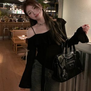 Plus Size Ruffled Off-Shoulder Long Sleeve T-Shirt for Women - Autumn Spicy Girl Design, Unique Camisole Base Top