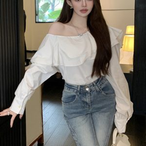 Plus Size Ruffled Off-Shoulder Long Sleeve White Top for Women, Autumn French Style, Flattering Design for Curvy Figures