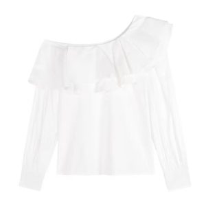 Plus Size Ruffled Off-Shoulder Long Sleeve White Top for Women, Autumn French Style, Flattering Design for Curvy Figures